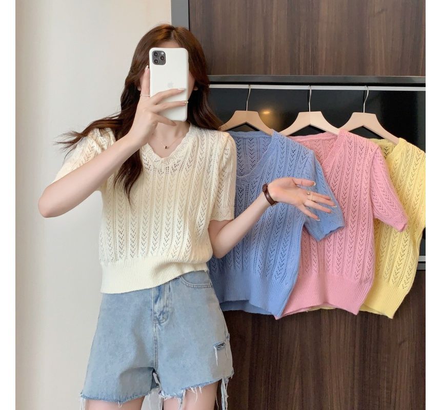 Crochet Top Knit Short-Sleeve V-Neck