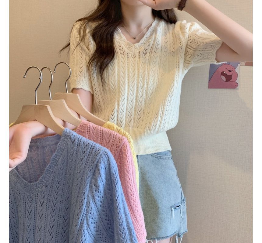 Crochet Top Knit Short-Sleeve V-Neck