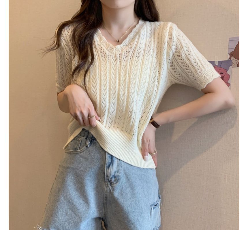 Crochet Top Knit Short-Sleeve V-Neck