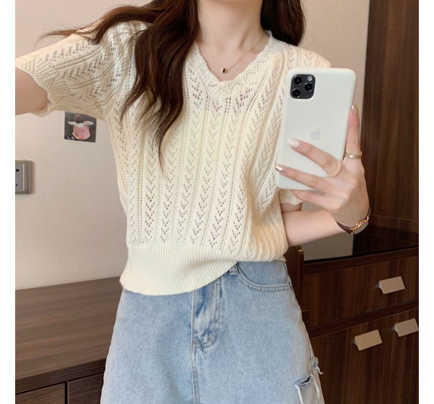 Crochet Top Knit Short-Sleeve V-Neck