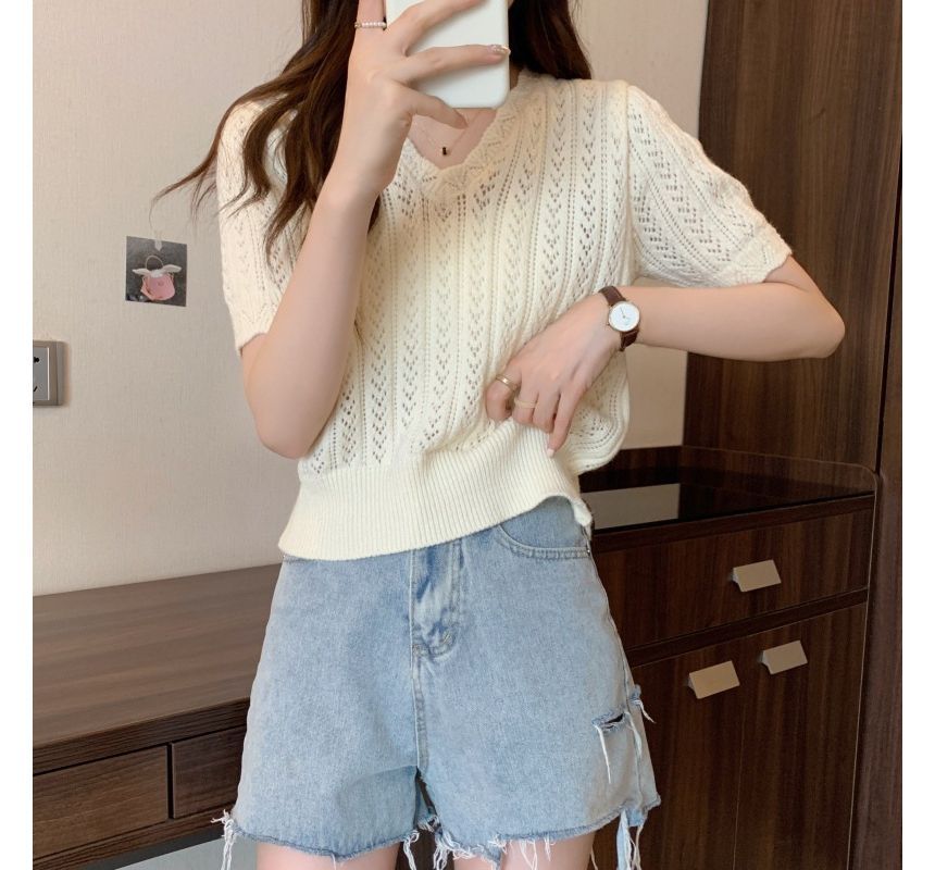 Crochet Top Knit Short-Sleeve V-Neck