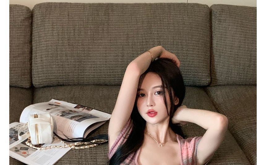 Dress Mini Short-Sleeve Square-Neck Striped Slim-Fit