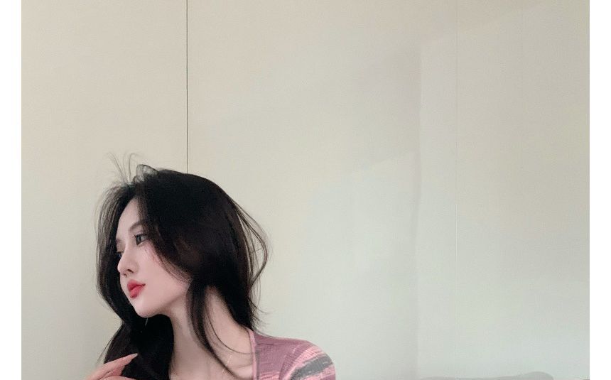 Dress Mini Short-Sleeve Square-Neck Striped Slim-Fit