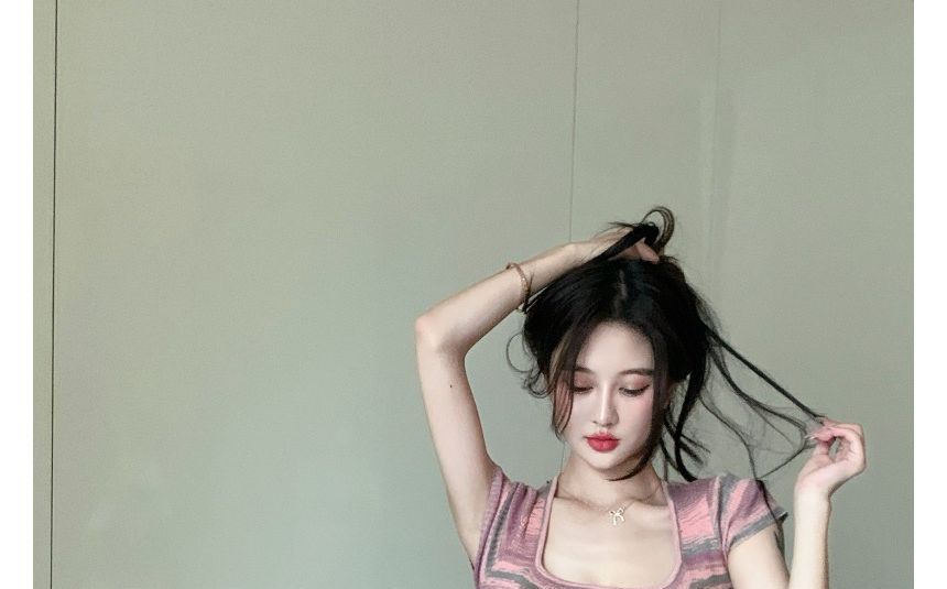 Dress Mini Short-Sleeve Square-Neck Striped Slim-Fit