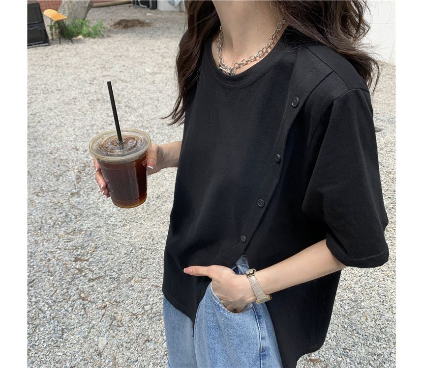 Plain Neck Tee Crew Short-Sleeve Side-Slit