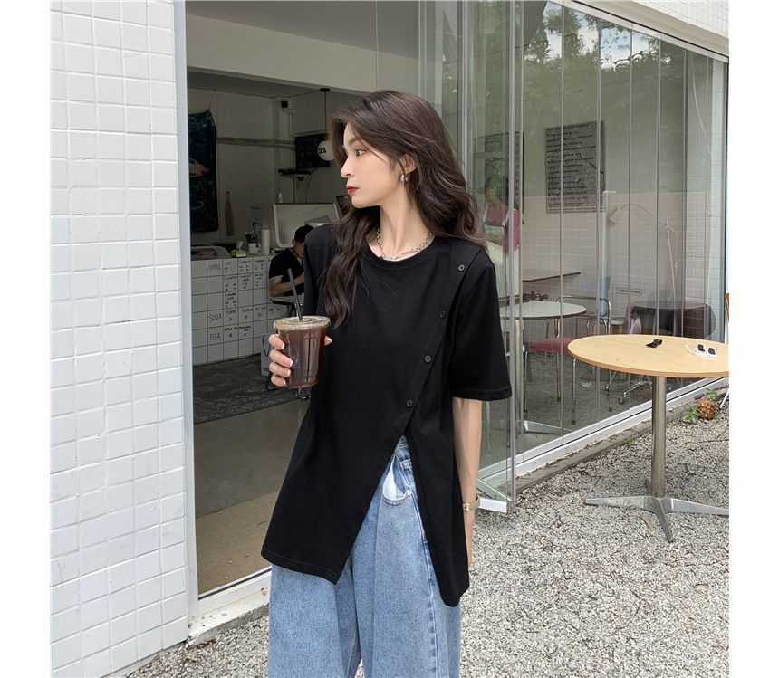 Plain Neck Tee Crew Short-Sleeve Side-Slit