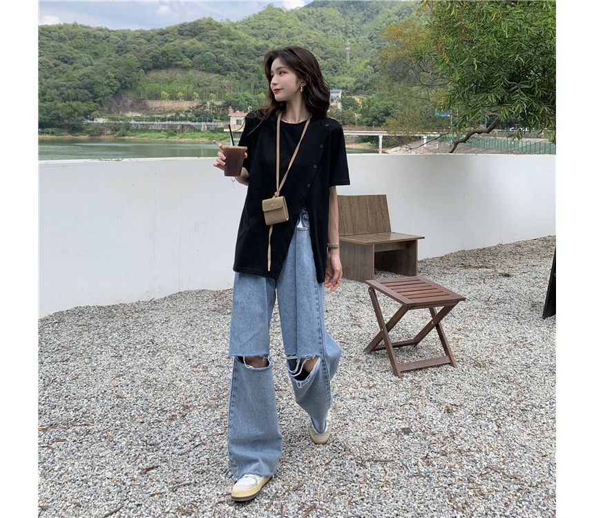 Plain Neck Tee Crew Short-Sleeve Side-Slit