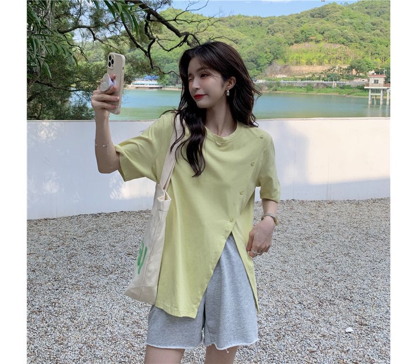 Plain Neck Tee Crew Short-Sleeve Side-Slit