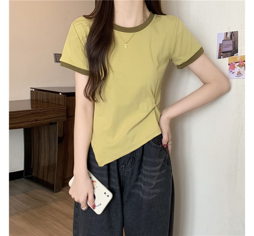 Asymmetrical Neck Contrast Short-Sleeve Plain Trim Tee Crew
