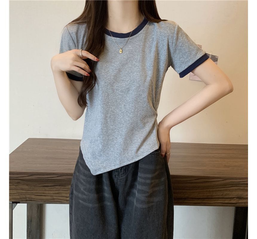 Asymmetrical Neck Contrast Short-Sleeve Plain Trim Tee Crew