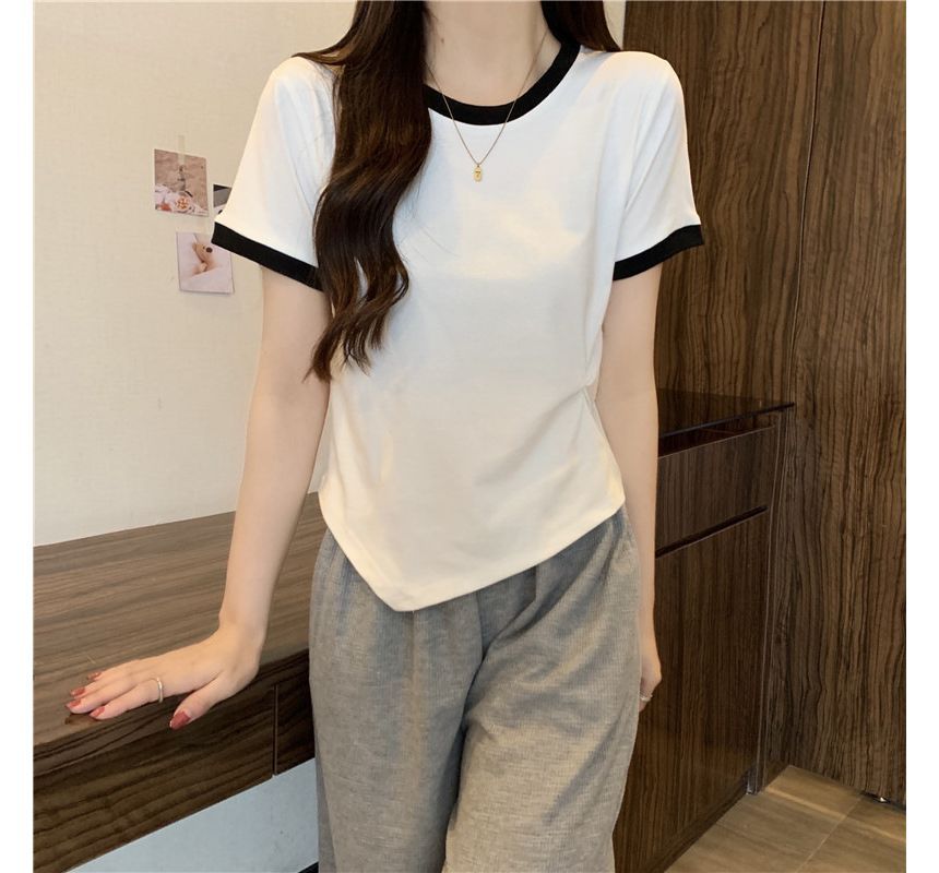Asymmetrical Neck Contrast Short-Sleeve Plain Trim Tee Crew