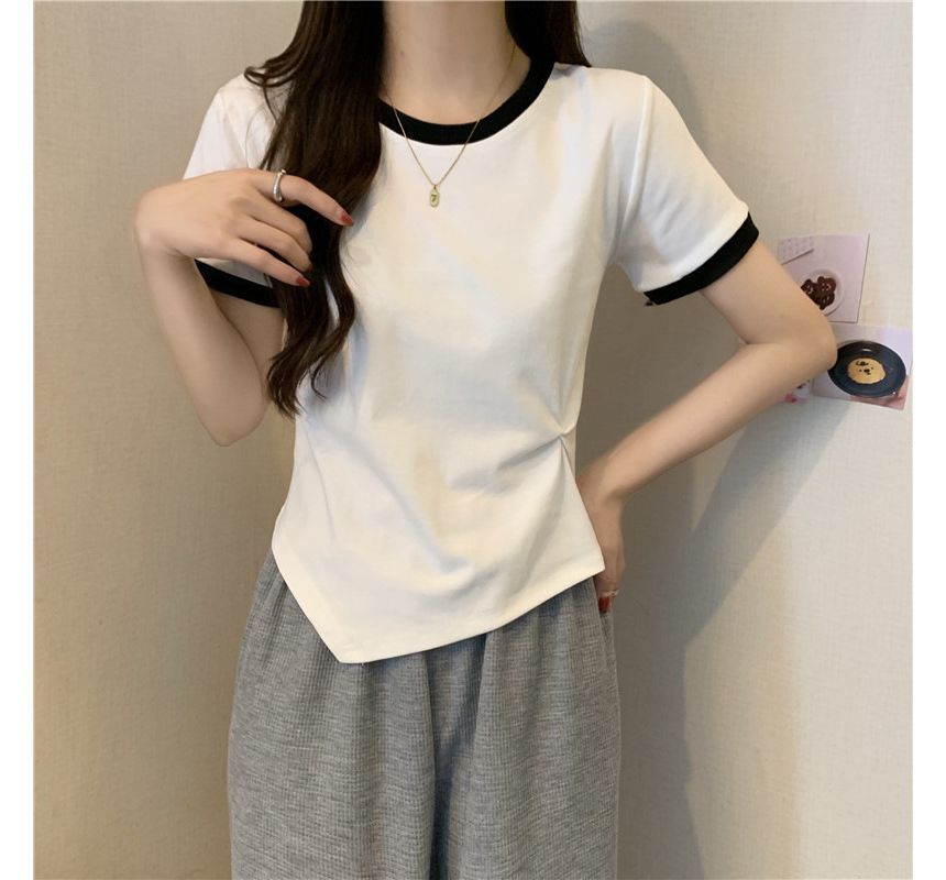 Asymmetrical Neck Contrast Short-Sleeve Plain Trim Tee Crew