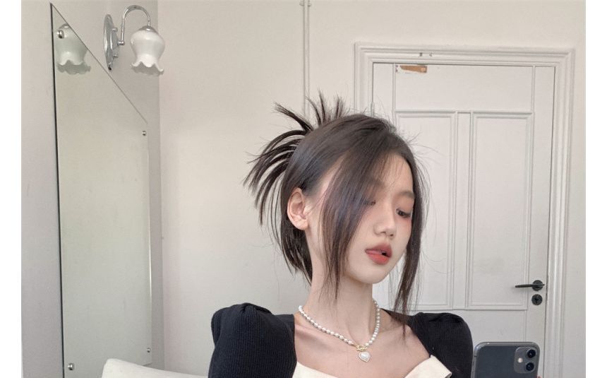 Knit Slim-Fit Puff-Sleeve Top Square-Neck