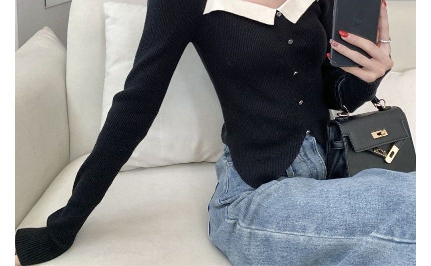 Knit Slim-Fit Puff-Sleeve Top Square-Neck