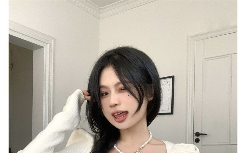 Knit Slim-Fit Puff-Sleeve Top Square-Neck