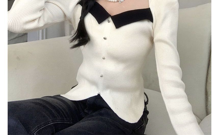 Knit Slim-Fit Puff-Sleeve Top Square-Neck