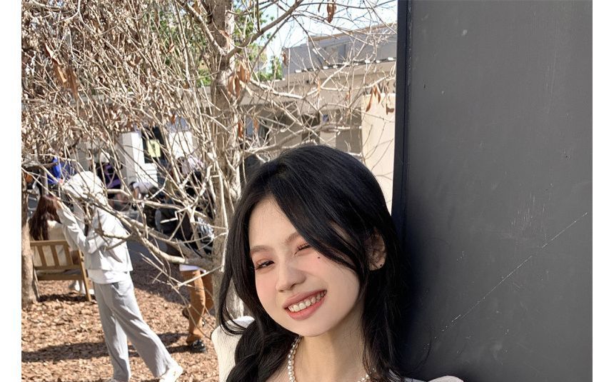 Knit Slim-Fit Puff-Sleeve Top Square-Neck