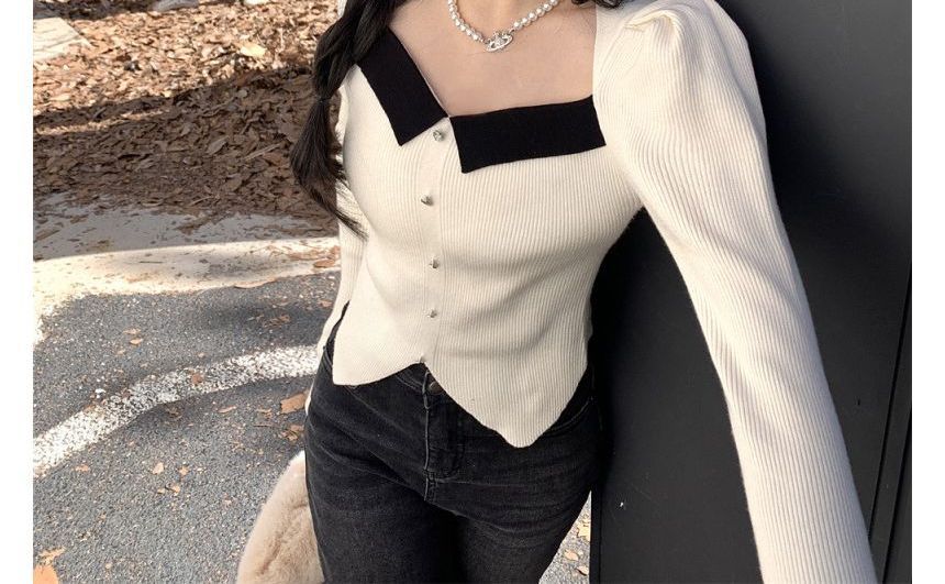 Knit Slim-Fit Puff-Sleeve Top Square-Neck