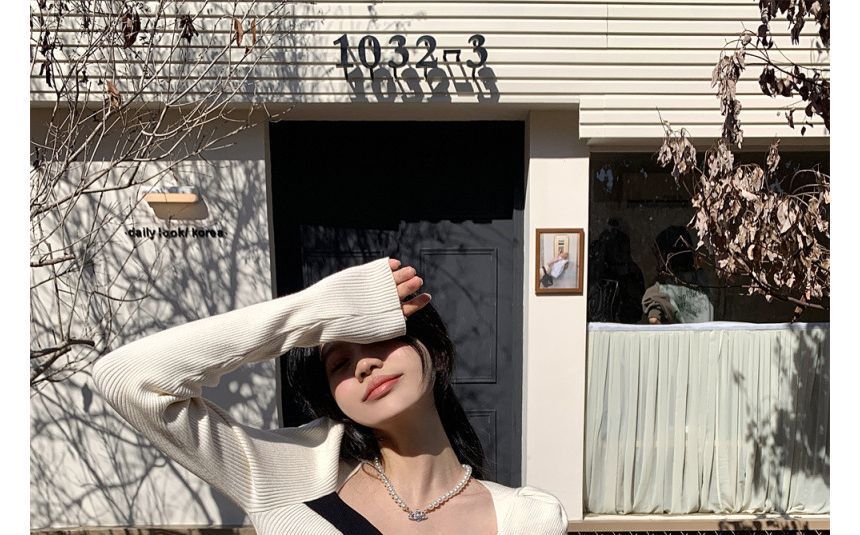 Knit Slim-Fit Puff-Sleeve Top Square-Neck