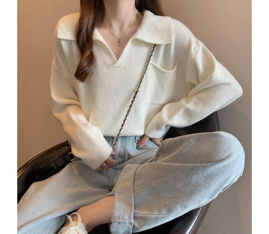 Plain Sweater Loose-Fit V-Neck