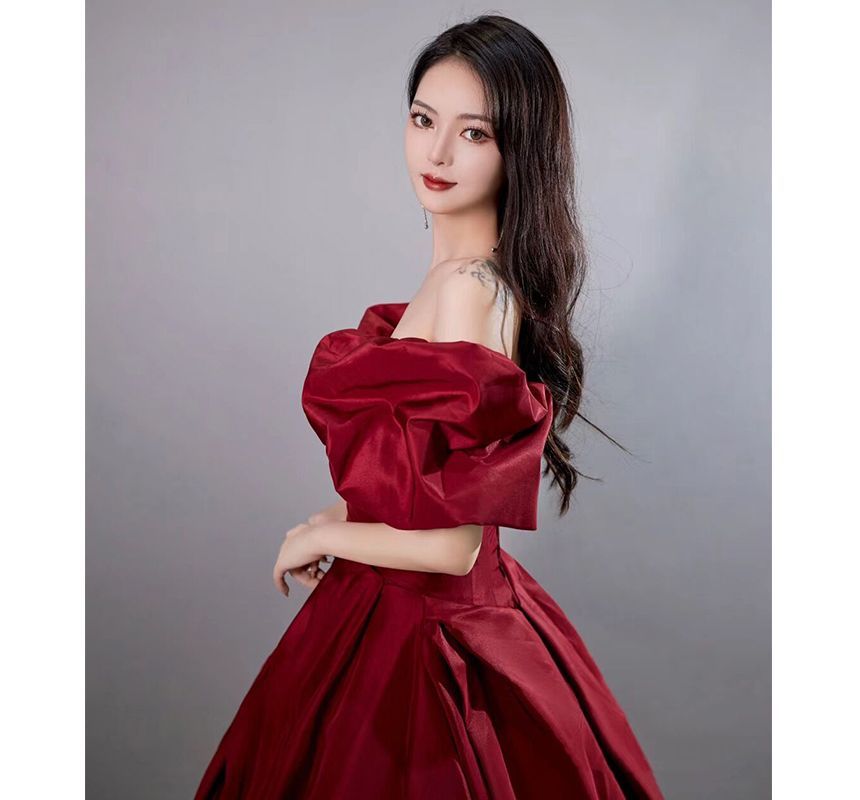 Plain Off Evening Gown Short-Sleeve A-Line Ruched Shoulder