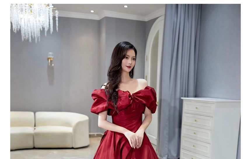 Plain Off Evening Gown Short-Sleeve A-Line Ruched Shoulder