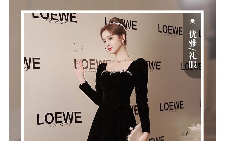 Neck Rhinestone Long-Sleeve Square A-Line Evening Plain Gown