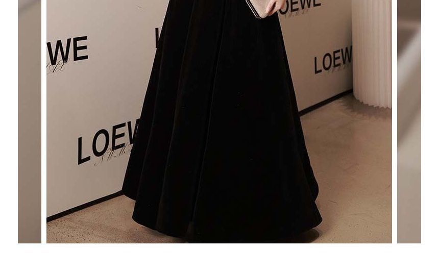 Neck Rhinestone Long-Sleeve Square A-Line Evening Plain Gown