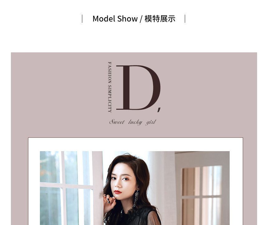 Flower Midi Evening Mock Beaded / Cocktail A-Line Embroidered Dress Neck Puff-Sleeve Gown