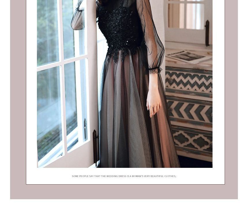 Flower Midi Evening Mock Beaded / Cocktail A-Line Embroidered Dress Neck Puff-Sleeve Gown