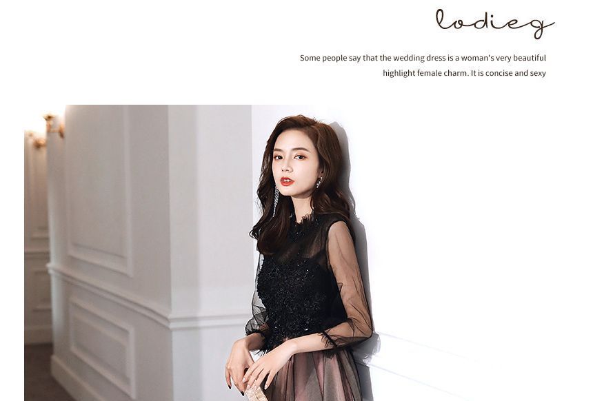 Flower Midi Evening Mock Beaded / Cocktail A-Line Embroidered Dress Neck Puff-Sleeve Gown