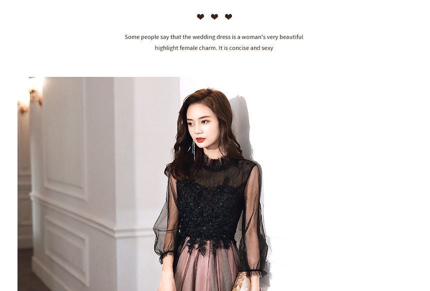 Flower Midi Evening Mock Beaded / Cocktail A-Line Embroidered Dress Neck Puff-Sleeve Gown