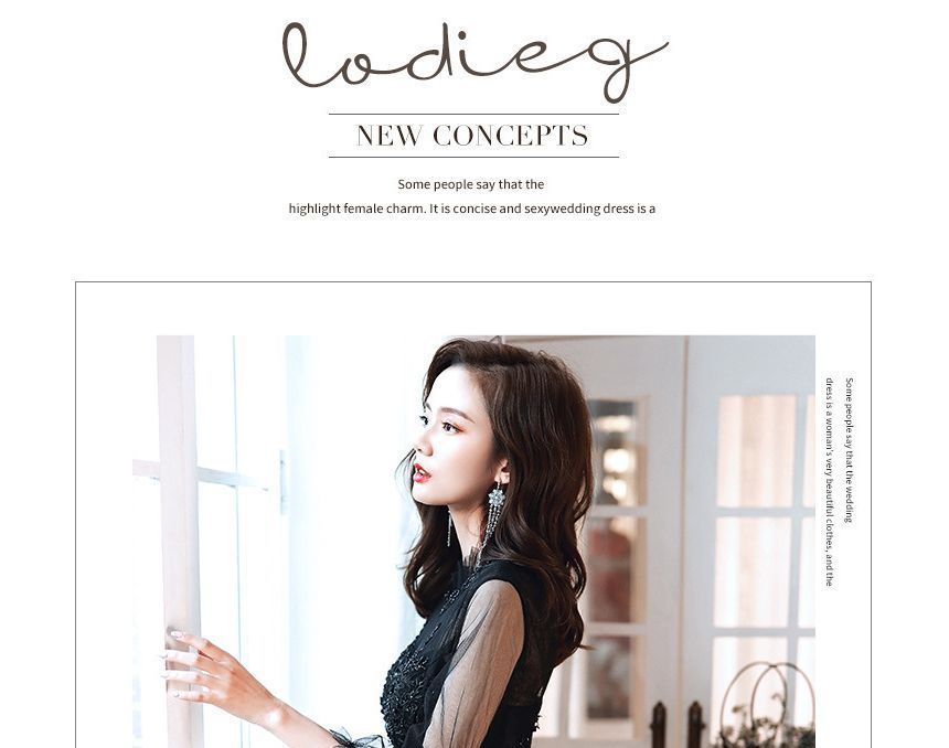 Flower Midi Evening Mock Beaded / Cocktail A-Line Embroidered Dress Neck Puff-Sleeve Gown