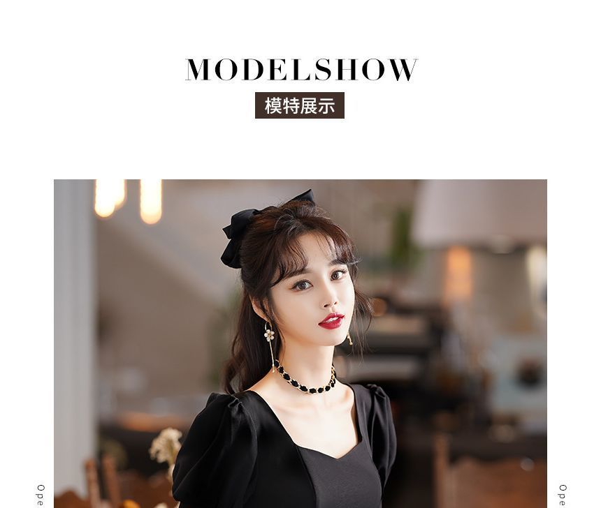 Puff-Sleeve Gown Two Cocktail / A-Line Evening Tone Dress Sequin