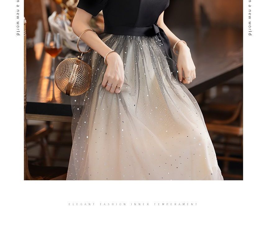 Puff-Sleeve Gown Two Cocktail / A-Line Evening Tone Dress Sequin