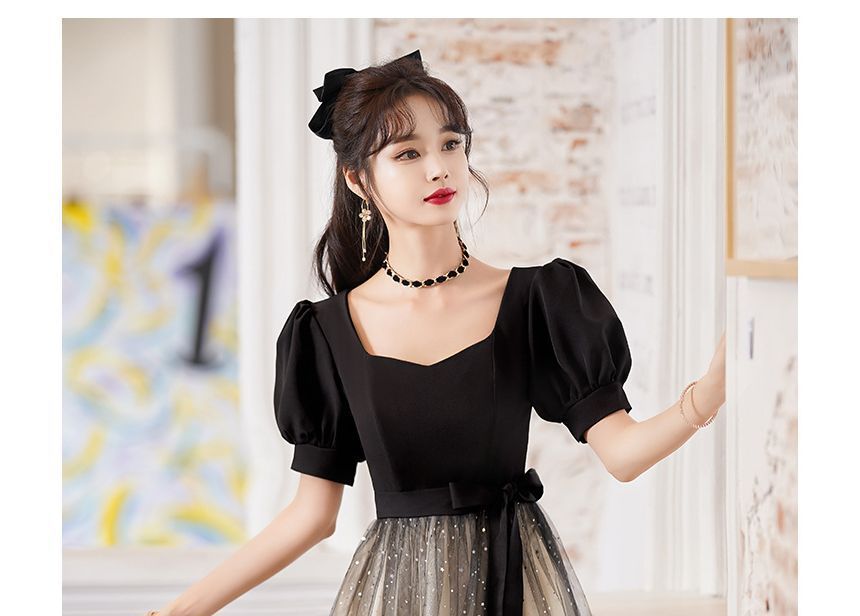 Puff-Sleeve Gown Two Cocktail / A-Line Evening Tone Dress Sequin