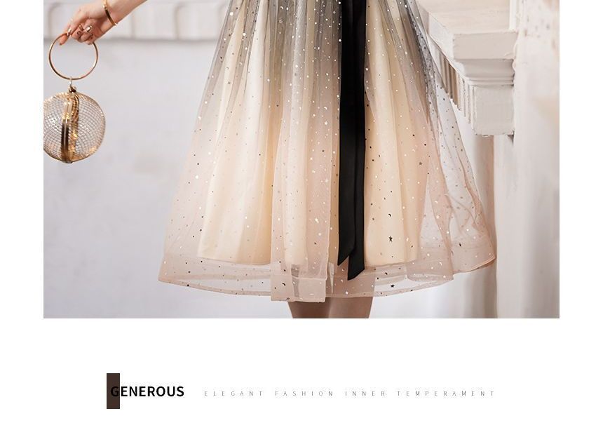 Puff-Sleeve Gown Two Cocktail / A-Line Evening Tone Dress Sequin