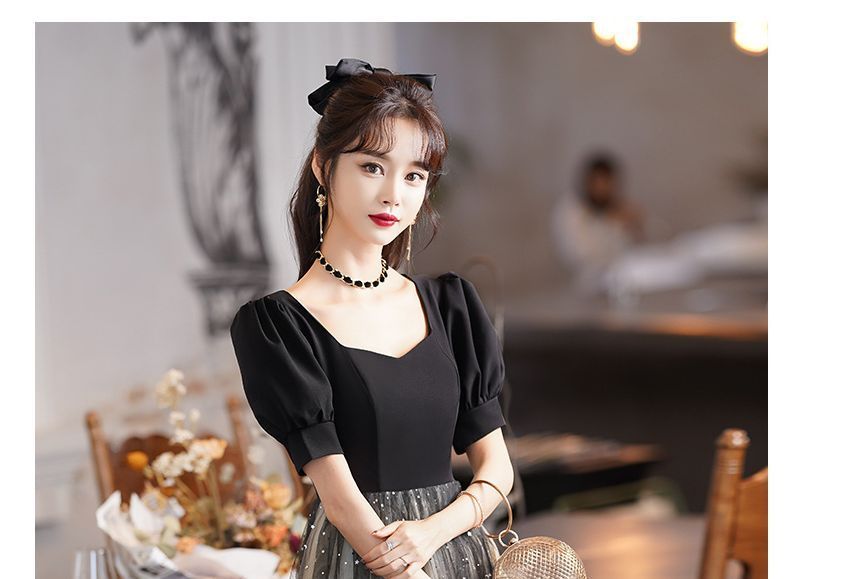 Puff-Sleeve Gown Two Cocktail / A-Line Evening Tone Dress Sequin