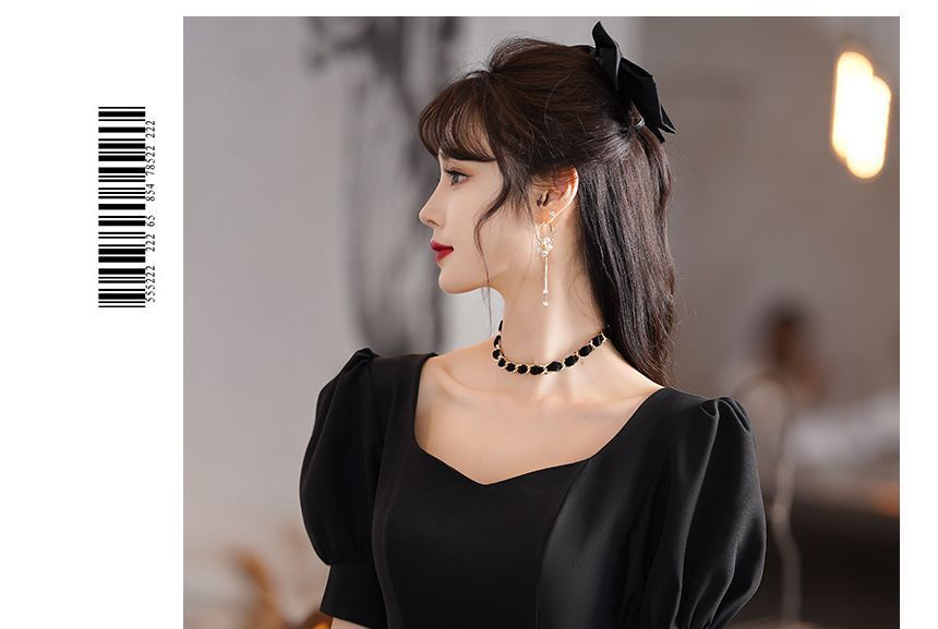 Puff-Sleeve Gown Two Cocktail / A-Line Evening Tone Dress Sequin