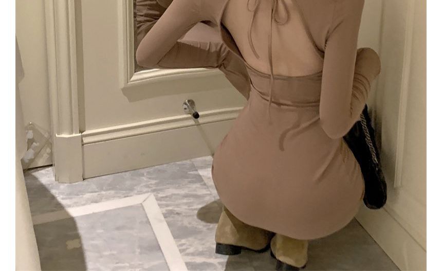 Long-Sleeve Mini Open Neck Sheath Crew Back Plain Dress