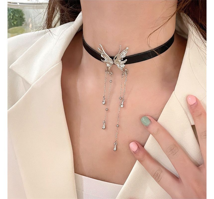 Faux Fringed Butterfly Leather Choker Rhinestone