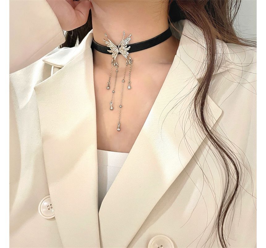 Faux Fringed Butterfly Leather Choker Rhinestone