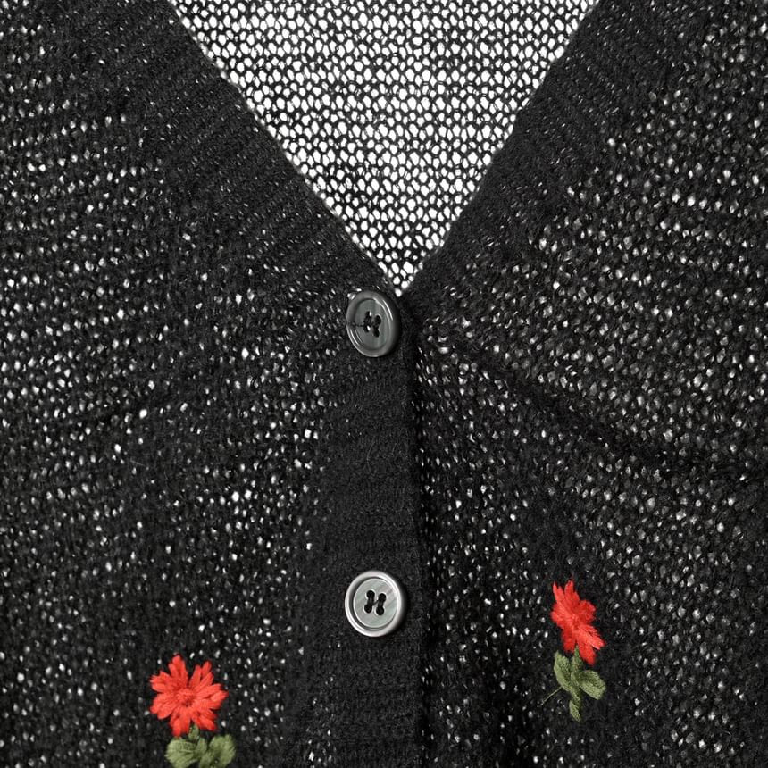 Square Cardigan Crop Top Neck Tank Floral Set: Embroidered Knit +