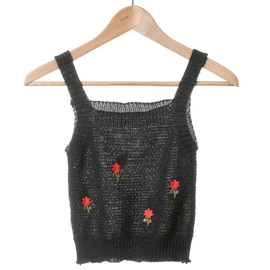 Square Cardigan Crop Top Neck Tank Floral Set: Embroidered Knit +