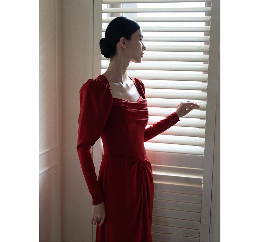 Wedding Plain Puff-Sleeve Neck Gown Sheath Square