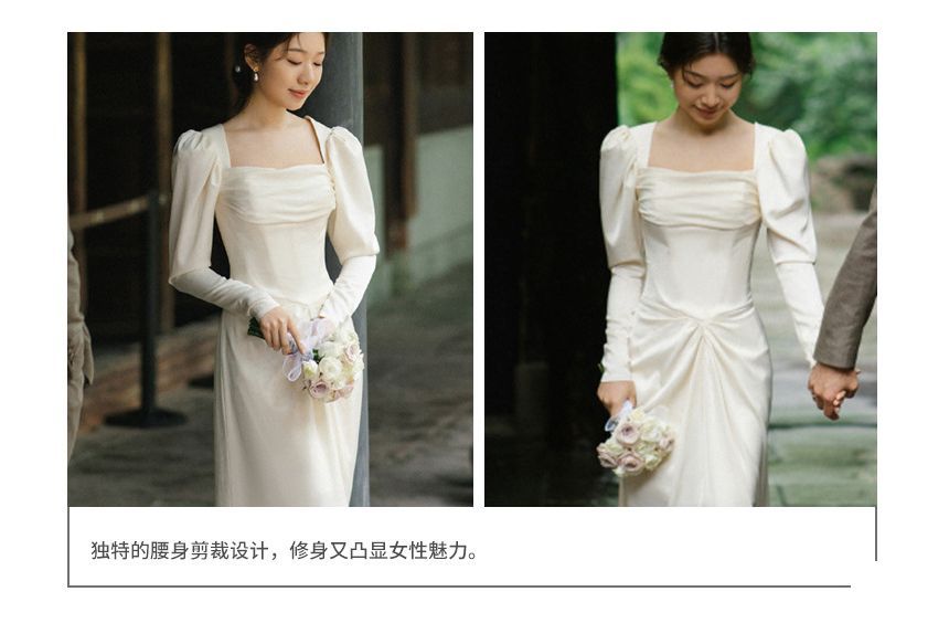 Wedding Plain Puff-Sleeve Neck Gown Sheath Square