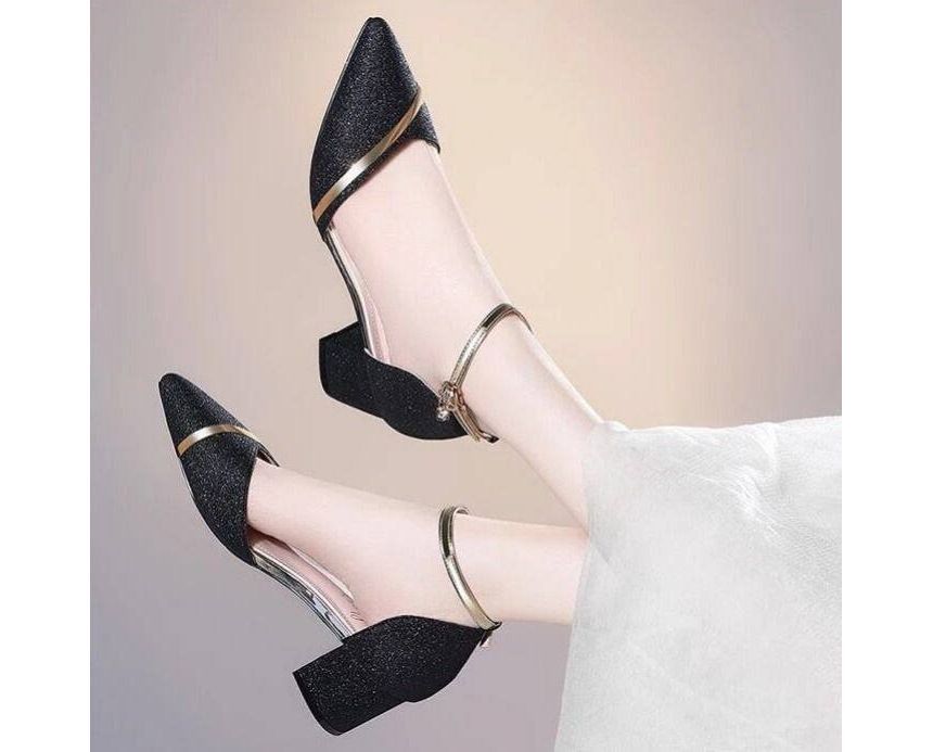 Glitter Strap Pointed Ankle Heel Pumps Toe Block D'Orsay
