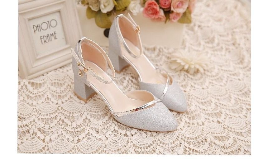 Glitter Strap Pointed Ankle Heel Pumps Toe Block D'Orsay