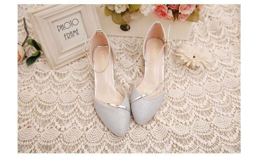 Glitter Strap Pointed Ankle Heel Pumps Toe Block D'Orsay