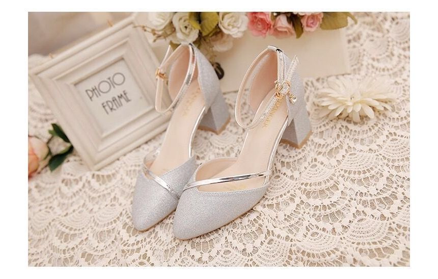 Glitter Strap Pointed Ankle Heel Pumps Toe Block D'Orsay
